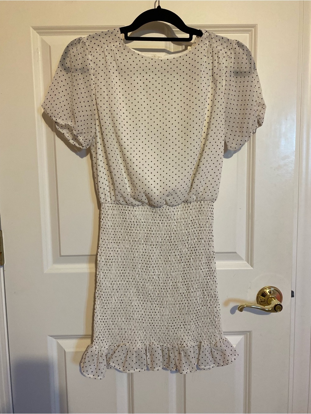 HFYVE white black polka dot scrunched mini dress, size small
